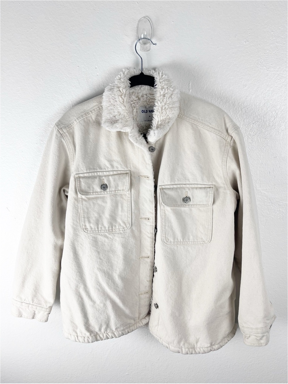 OLD NAVY Ivory Fleece Faux Sherpa Lined Chest Side Pockets Denim Jacket Medium